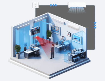 A humidity sensor casts a probe into an office room to measure humidity levels and regulates HVAC levels based on the readings.