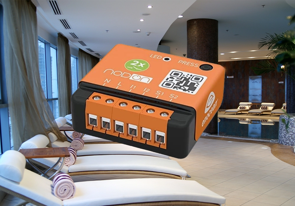 Enocean 2 Channel Relay Switch. The background is a spa environment. Enocean 2 Channel Relay Switch. The background is a spa environment.
