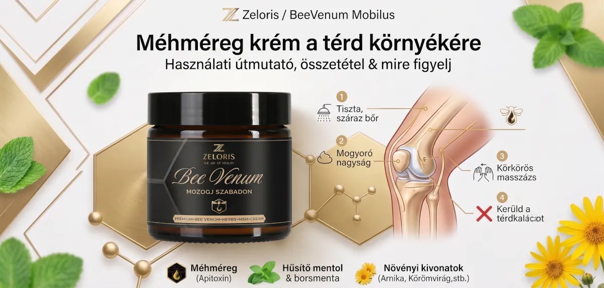 Méhméreg krém a térd környékére – Zeloris BeeVenum Mobilus tégely és 4 lépéses használati útmutató infografika Méhméreg krém a térd környékére – Zeloris BeeVenum Mobilus tégely és 4 lépéses használati útmutató infografika