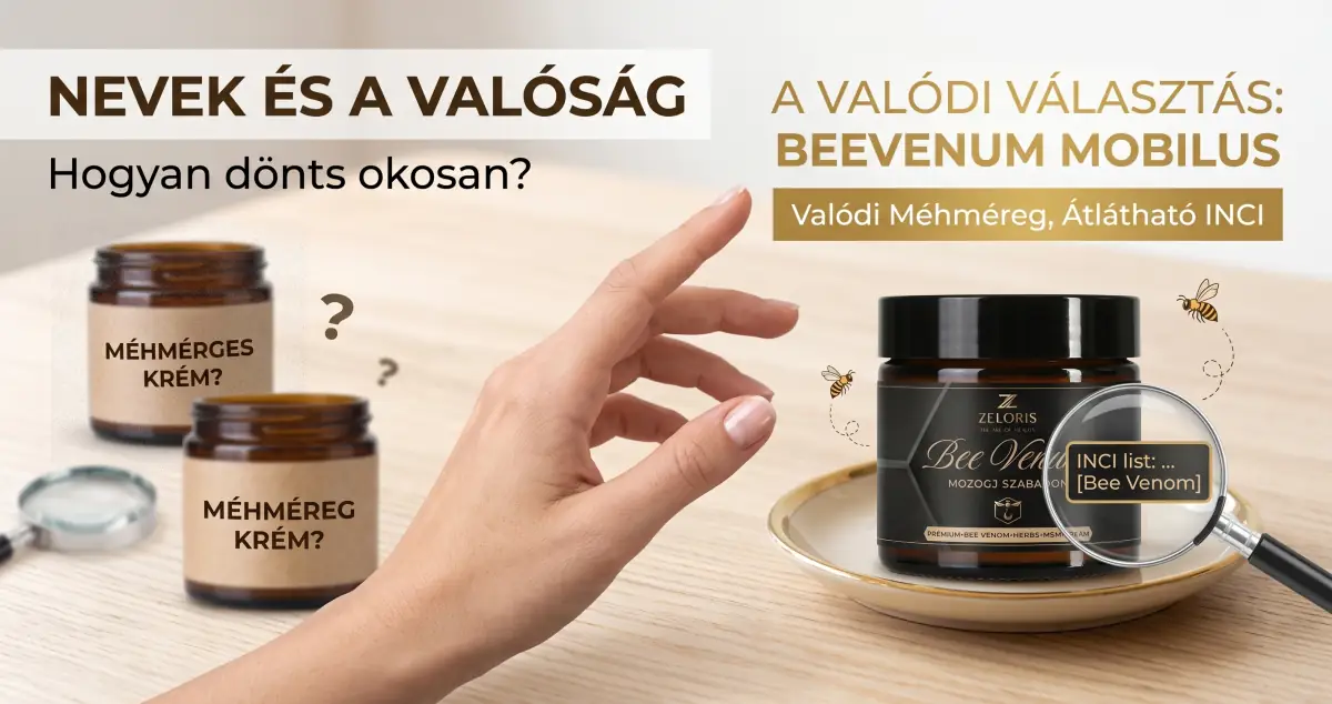 Méhmérges krém vagy méhméreg krém? Zeloris BeeVenum Mobilus méhméreg krém tégely, nagyító alatt a Bee Venom az INCI-listán
