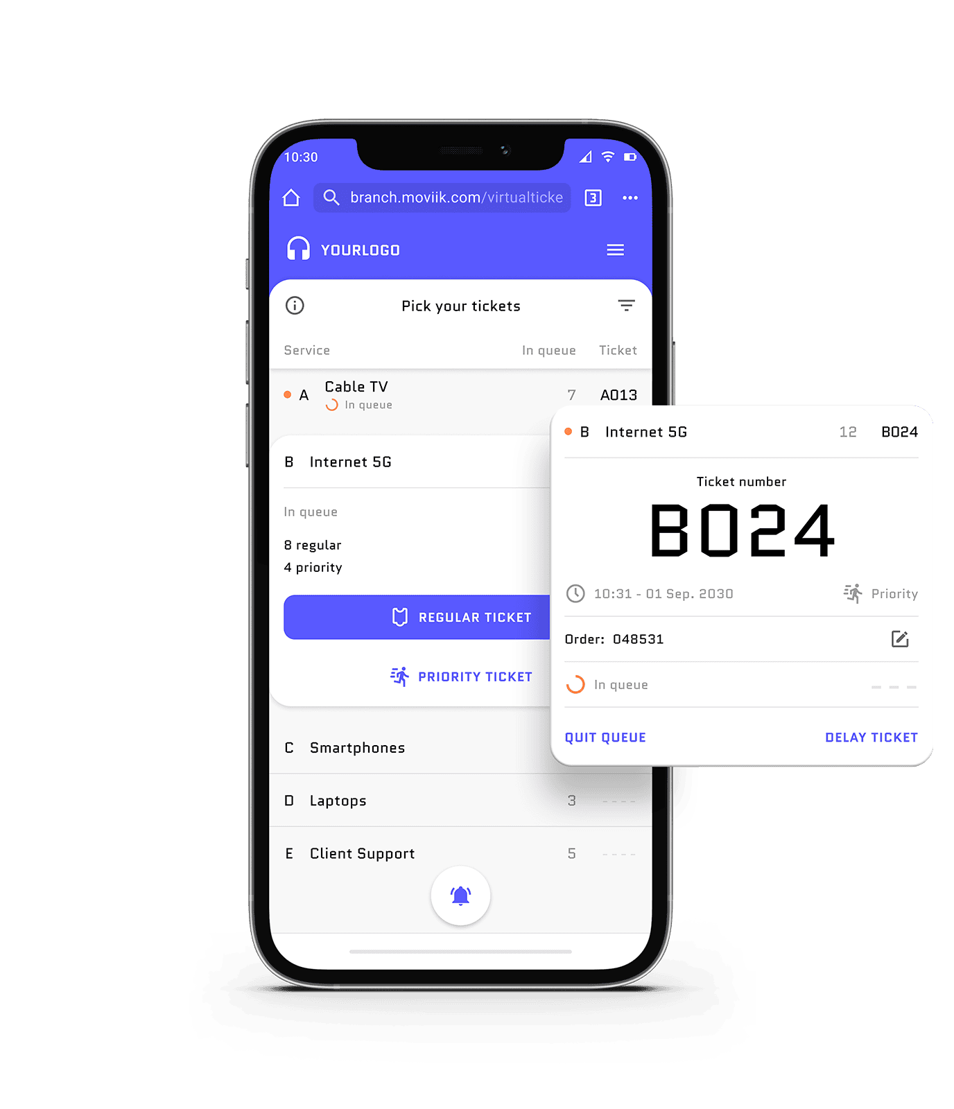 Smartphone showing Moviik Digital Ticket web app with queue position and service details, illustrating digital ticketing on any device.