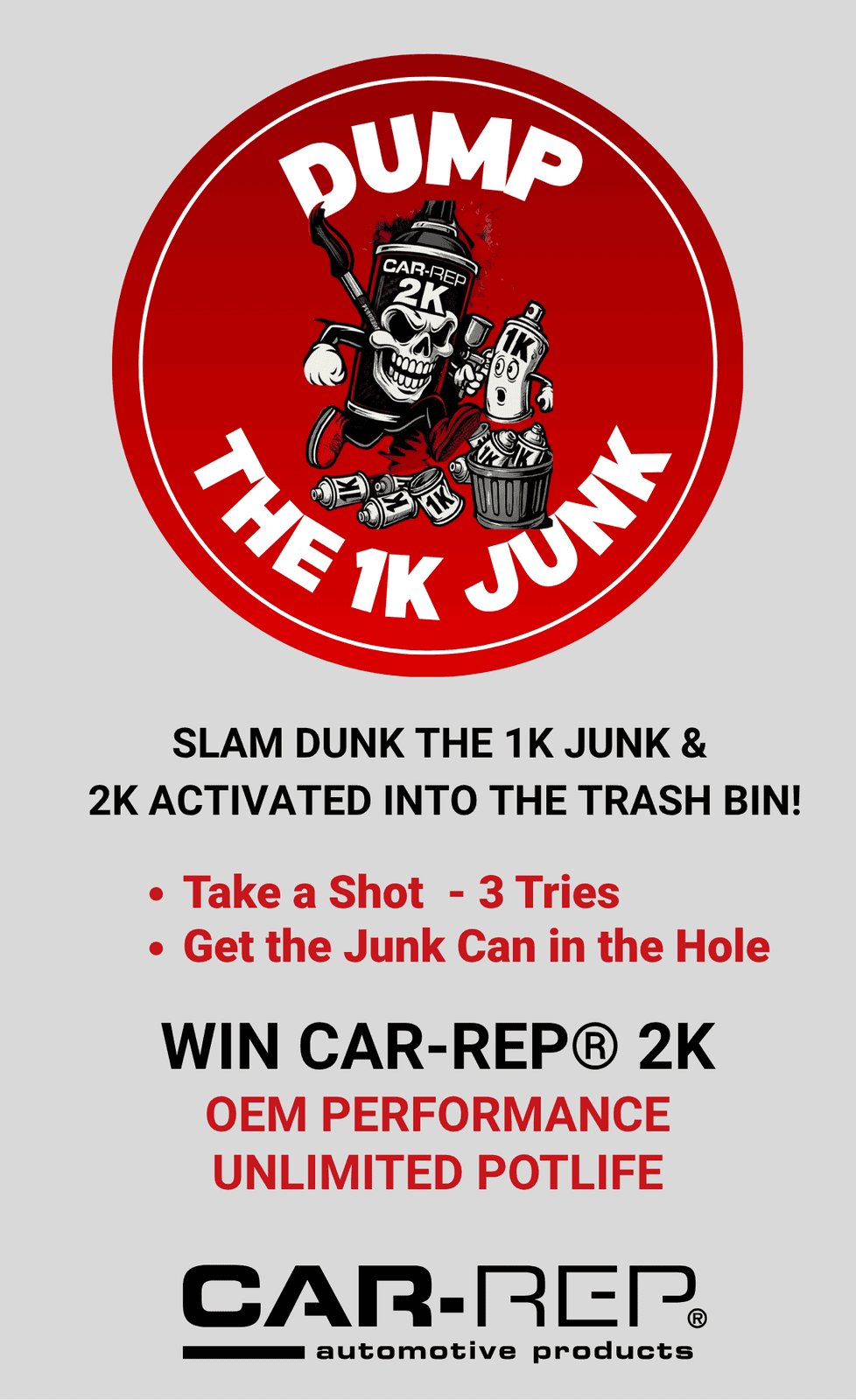 Car-Rep 2K promo poster with slogan ‘Dump the 1K Junk’ and cartoon spray cans.
