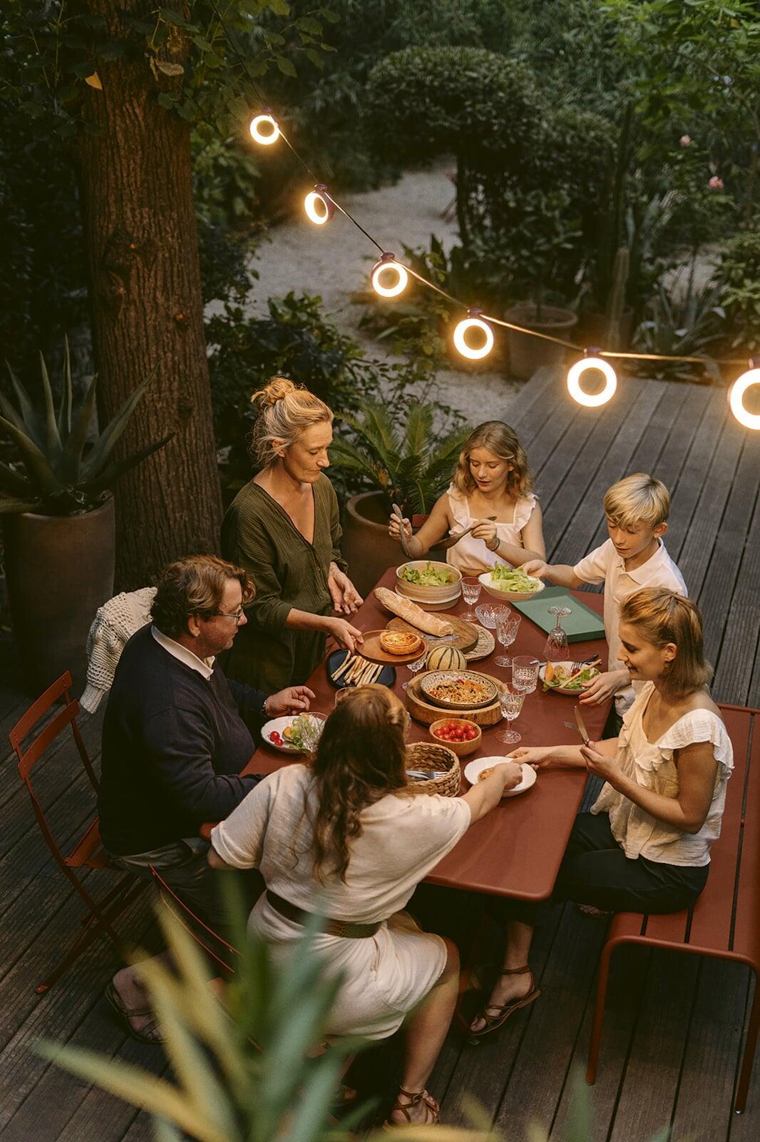 hoopik string lights, bistro metal chair, caractere table, luxembourg bench, fermob, outdoor furniture, outdoor entertaining, garden furniture, luxury outdoor furniture, furniture ireland, strand road ireland