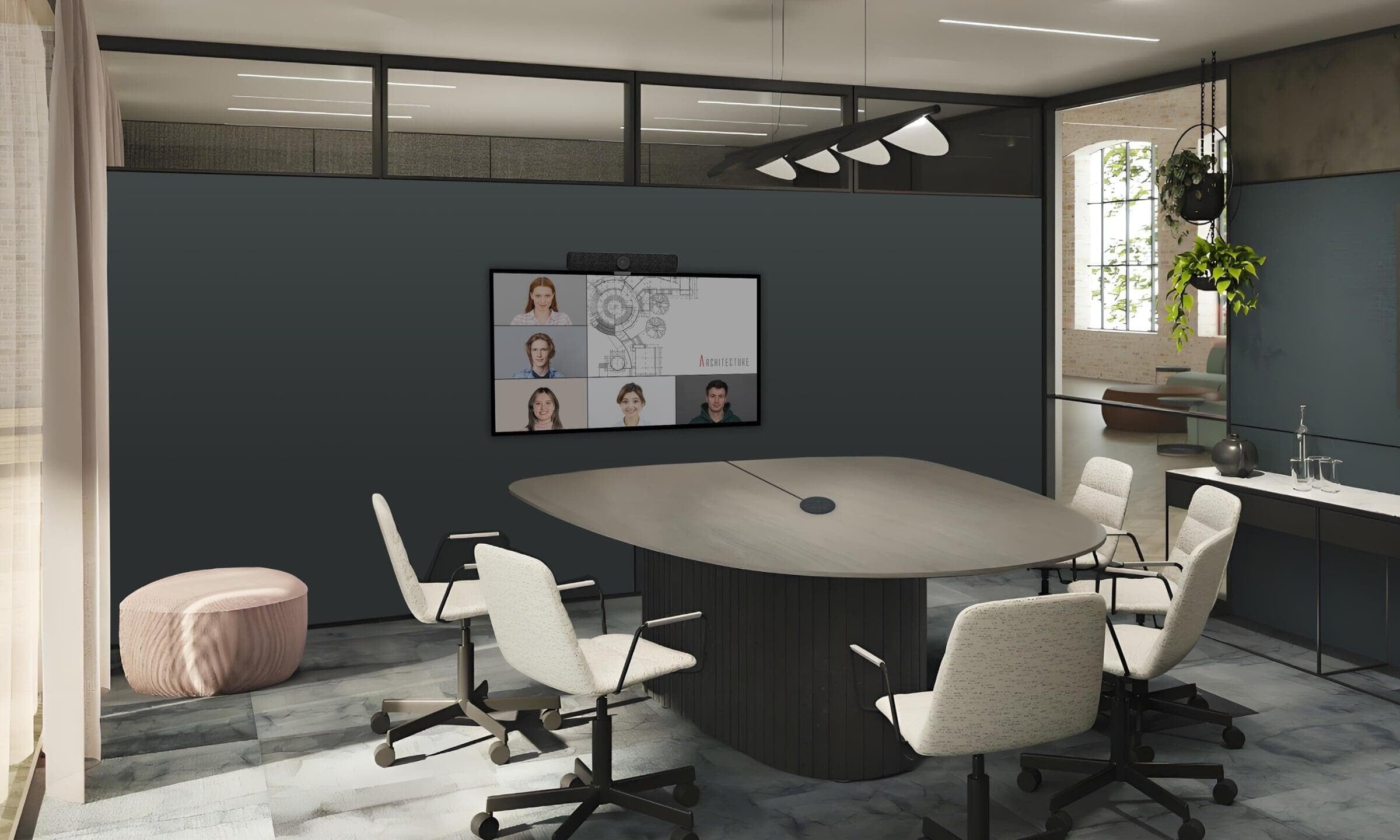 Four-seat small meeting room with display, video bar and laptop connection