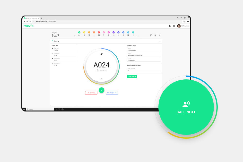 Staff screen showing the next customer being called and service started with a single click.