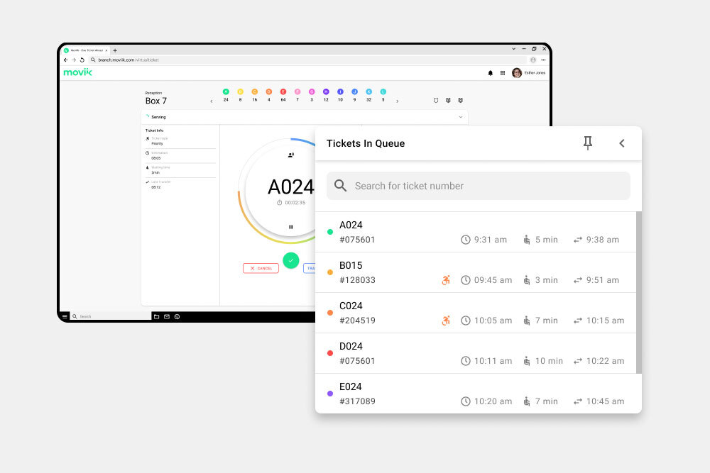 Interface showing a ticket being transferred from one staff member or service to another.