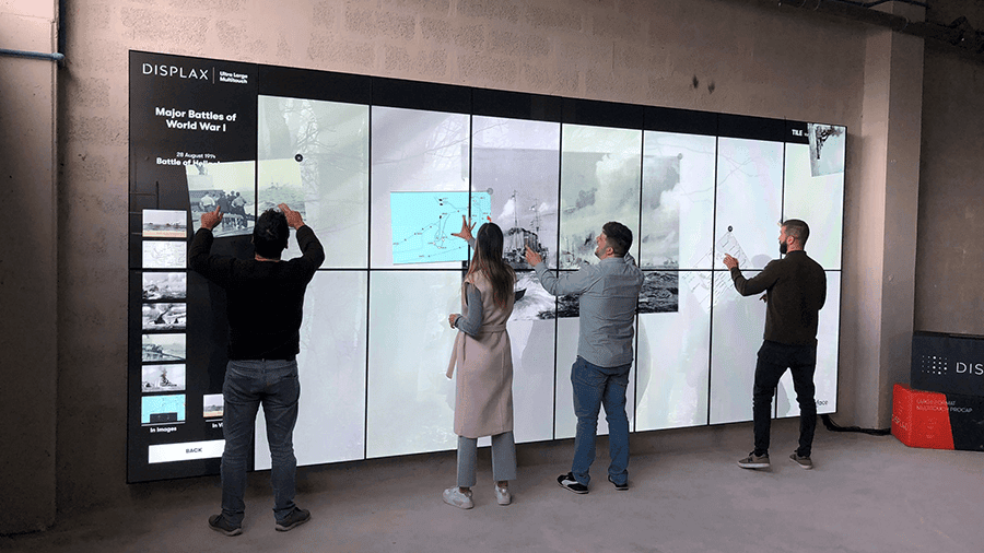 Immersive multi-touch experience on the DISPLAX TILE Pro 8×2 video wall for museum visitors.
