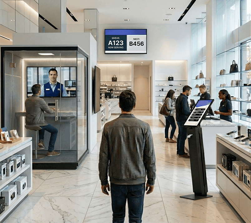 Staff member attending a customer at a service counter using Moviik’s Counter interface to manage tickets. Staff member attending a customer at a service counter using Moviik’s Counter interface to manage tickets.