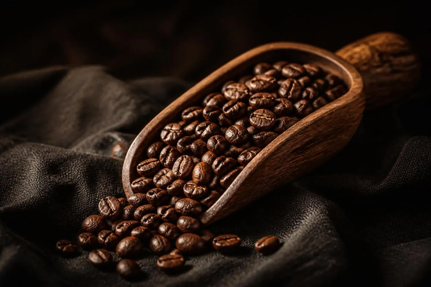 Kaffeebohnen in einer Holzschaufel