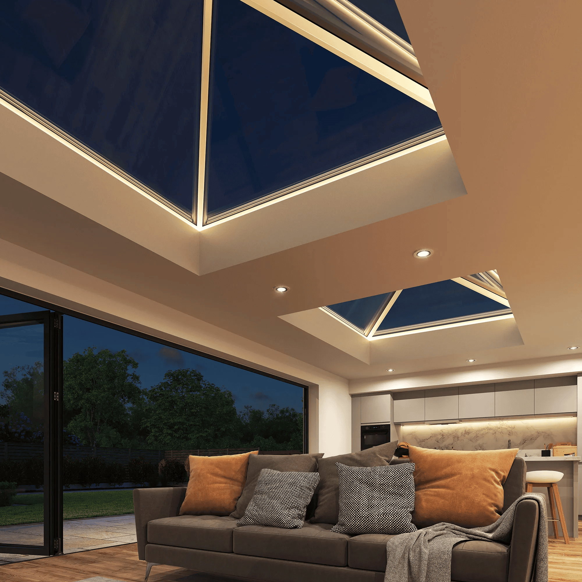 Korniche roof lantern with fully integrated dimmable LED feature lighting in a modern kitchen extension