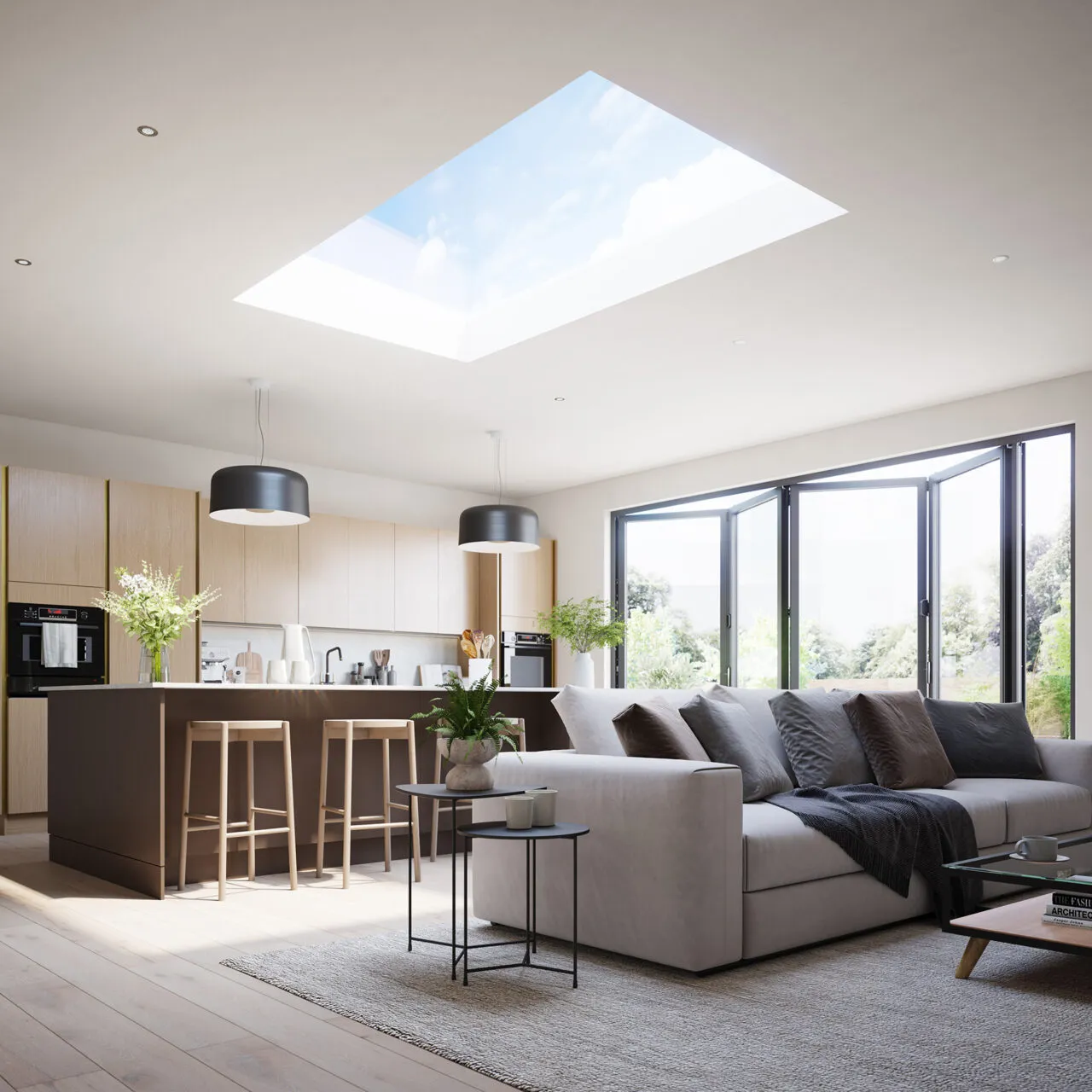 Korniche roof lantern with fully integrated dimmable LED feature lighting in a modern kitchen extension Korniche roof lantern with fully integrated dimmable LED feature lighting in a modern kitchen extension