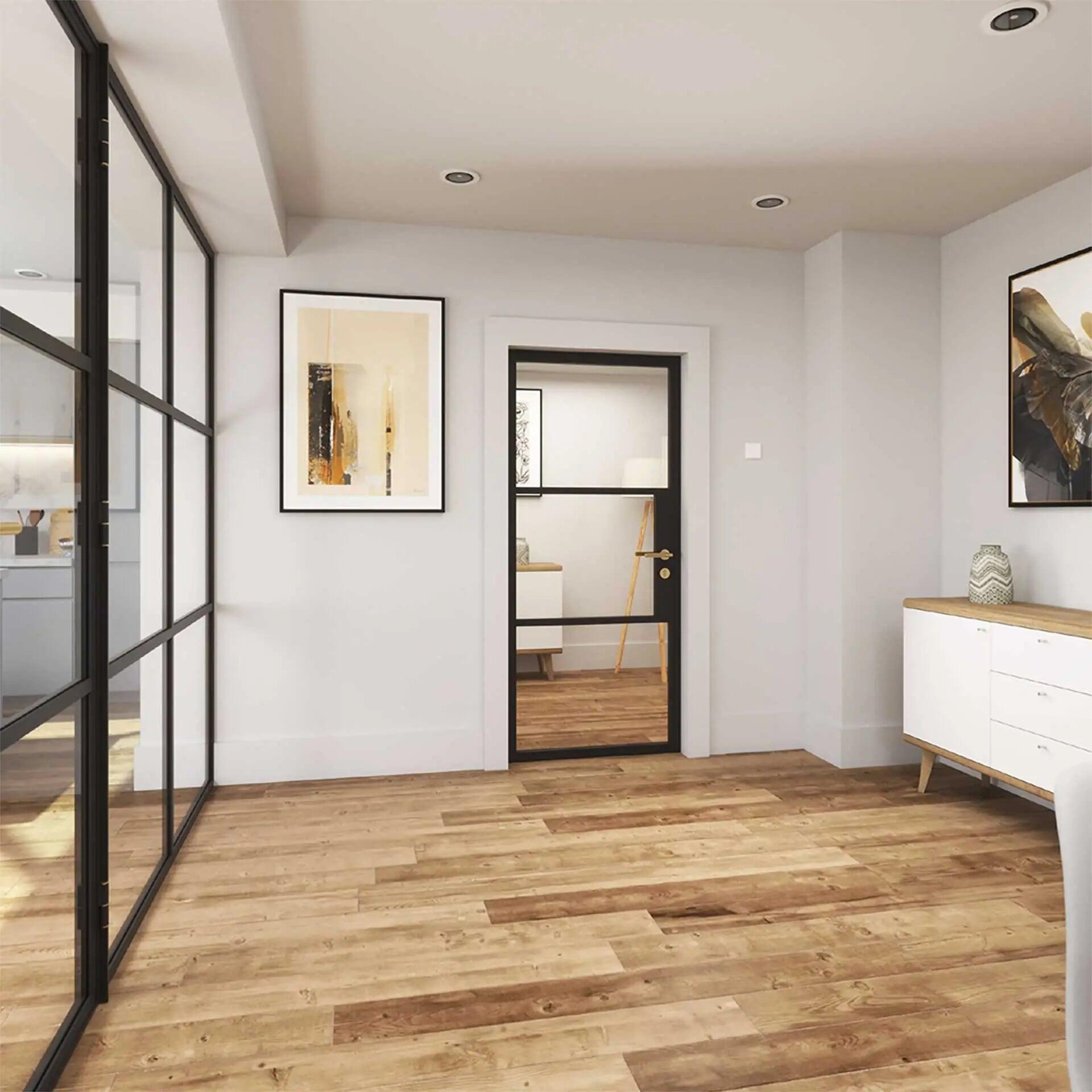 Slim profile Korniche aluminium bi-fold doors opening smoothly onto a modern garden patio extension Slim profile Korniche aluminium bi-fold doors opening smoothly onto a modern garden patio extension