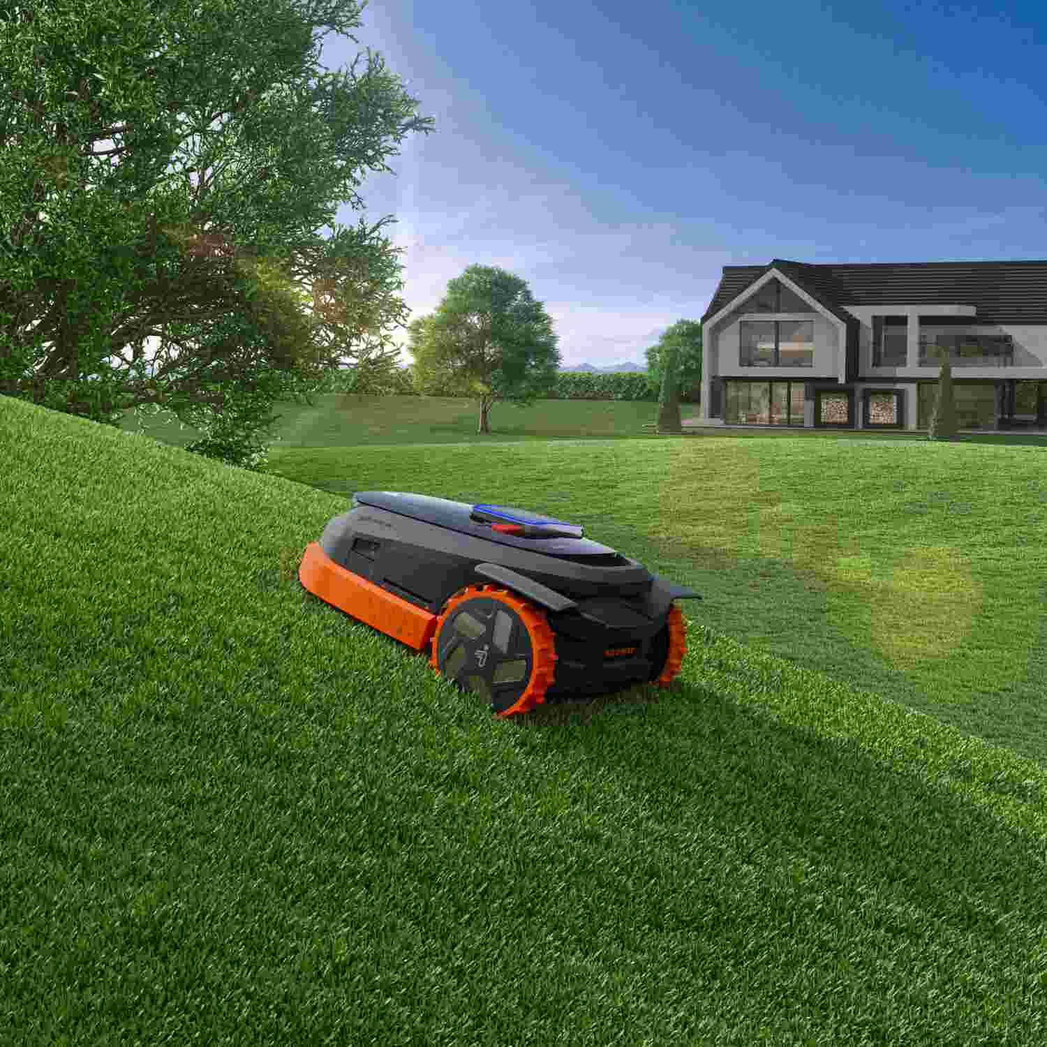 Segway Navimow lawnmower up on the steep slope. Get professional installation from The Gardener's Rain! Segway Navimow lawnmower up on the steep slope. Get professional installation from The Gardener's Rain!