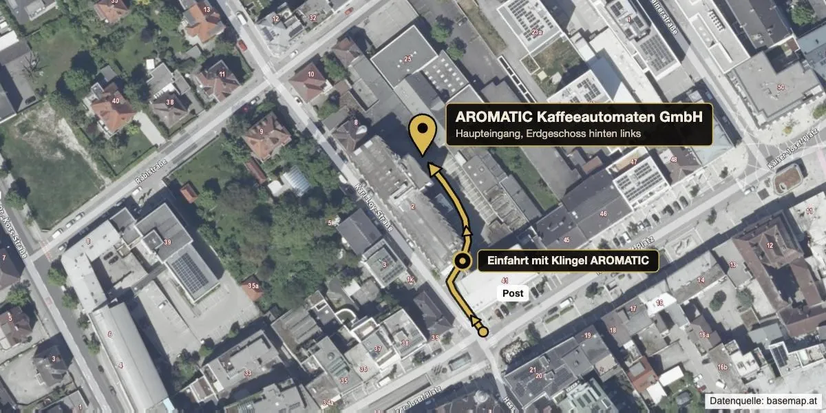Luftbild mit Weg: Karl-Loy-Straße, nach der Post rechts in die Einfahrt mit Klingel, durch den Hof zum Haupteingang der AROMATIC Kaffeeautomaten GmbH Luftbild mit Weg: Karl-Loy-Straße, nach der Post rechts in die Einfahrt mit Klingel, durch den Hof zum Haupteingang der AROMATIC Kaffeeautomaten GmbH