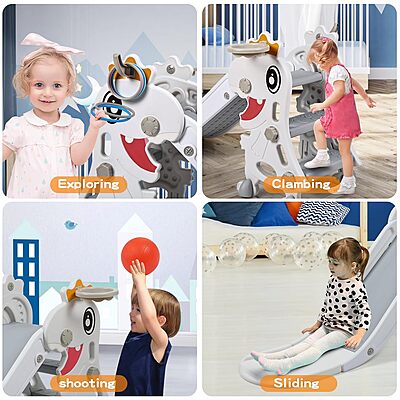 Детска пързалка с динозавър и с баскетболен кош