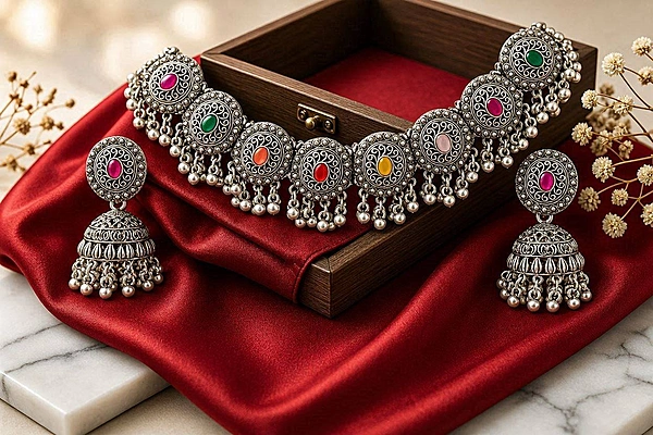 The Bohemian Spectrum Oxidized Choker & Jhumka Set