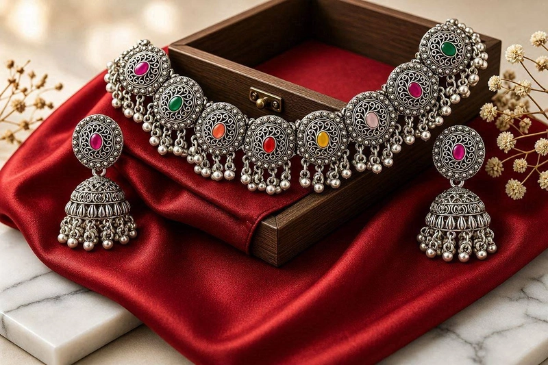 The Bohemian Spectrum Oxidized Choker & Jhumka Set