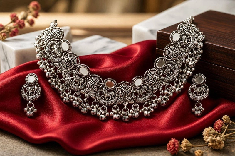 The Divine Kamdhenu & Mirror Oxidized Choker Set