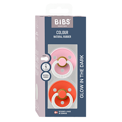 Bibs Colour 2 Pack Latex Baby Pink Glow/ Tango Glow-Size 1