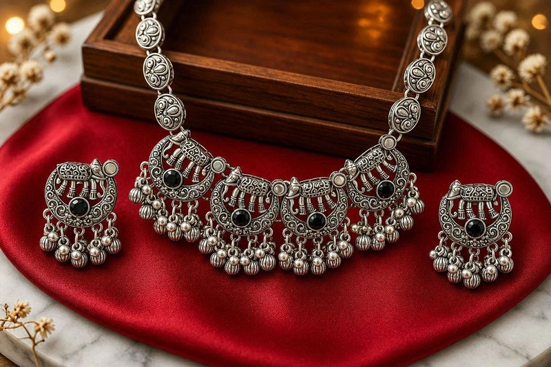 Royal Gajah Oxidized Silver Choker & Earring jewels