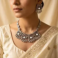Royal Elephant Crescent Oxidized Silver Necklace & Earring Set