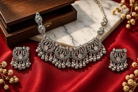 Royal Elephant Crescent Oxidized Silver Necklace & Earring Set