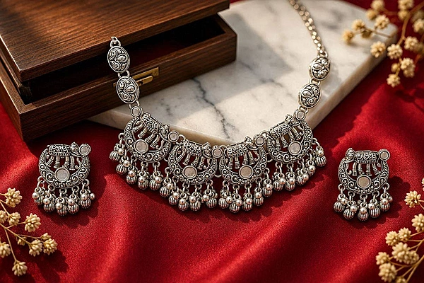 Royal Elephant Crescent Oxidized Silver Necklace & Earring Set