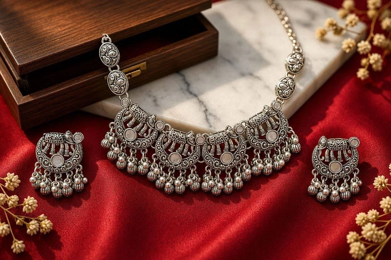 Royal Elephant Crescent Oxidized Silver Necklace & Earring Set