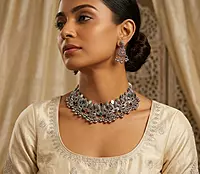 Matsya & Fauna Oxidized Silver Multi-Stone Choker Set