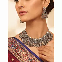 Matsya & Fauna Oxidized Silver Multi-Stone Choker Set
