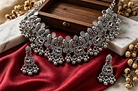Matsya & Fauna Oxidized Silver Multi-Stone Choker Set
