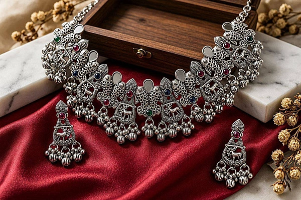 Matsya & Fauna Oxidized Silver Multi-Stone Choker Set