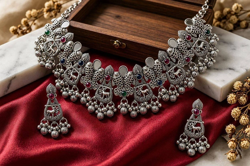 Matsya & Fauna Oxidized Silver Multi-Stone Choker Set