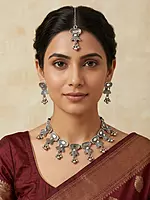 Aadhya Tribal Mirror-Work Oxidized Silver Necklace Set with Maang Tikka