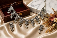 Aadhya Tribal Mirror-Work Oxidized Silver Necklace Set with Maang Tikka