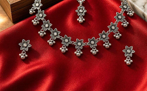 Gulab Minimal Floral Oxidized Silver Necklace & Earring Set