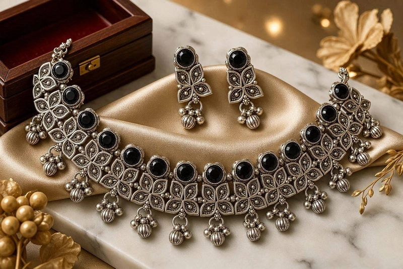 Black Stone Oxidized Silver Choker Set