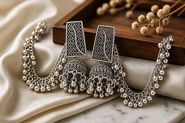 Oxidized Jhumkas with Hair Sahara Chains