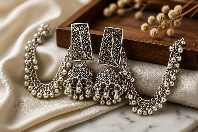 Oxidized Jhumkas with Hair Sahara Chains
