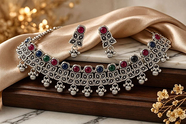 Royal Multicolor Oxidized Silver Choker Set