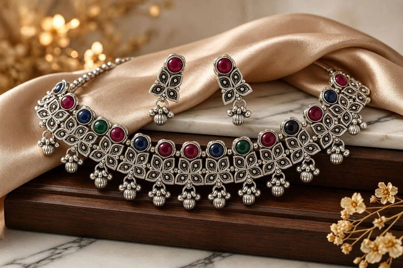 Royal Multicolor Oxidized Silver Choker Set