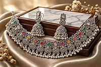 Navratna Royalty Oxidized Silver Choker Set