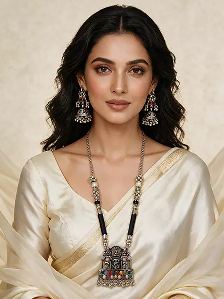 Royal Temple Oxidized Silver Long Necklace & Jhumka Set