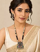Royal Temple Oxidized Silver Long Necklace & Jhumka Set