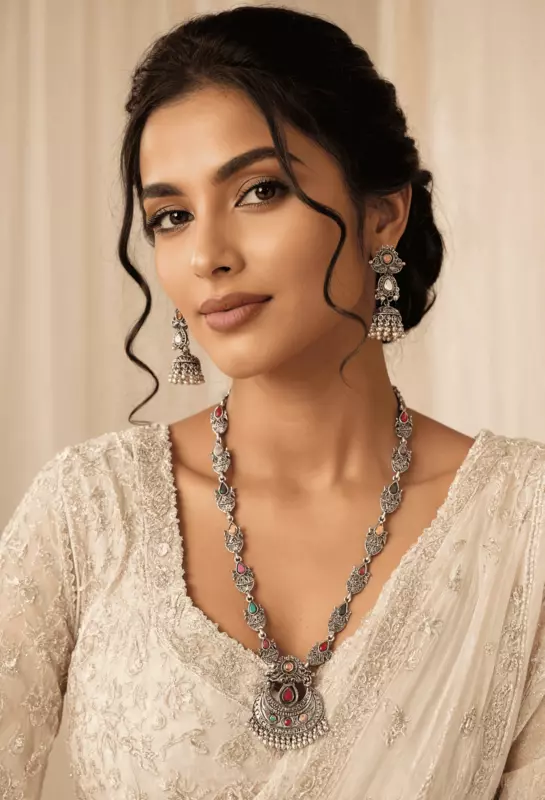 Navratna-Inspired Oxidized Silver Crescent Necklace & Pearl Jhumka Set