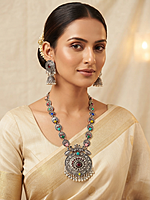 Enchanted Peacock Medallion Oxidized Silver Necklace & Jhumka Set