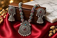 Enchanted Peacock Medallion Oxidized Silver Necklace & Jhumka Set