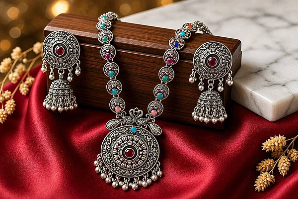 Enchanted Peacock Medallion Oxidized Silver Necklace & Jhumka Set