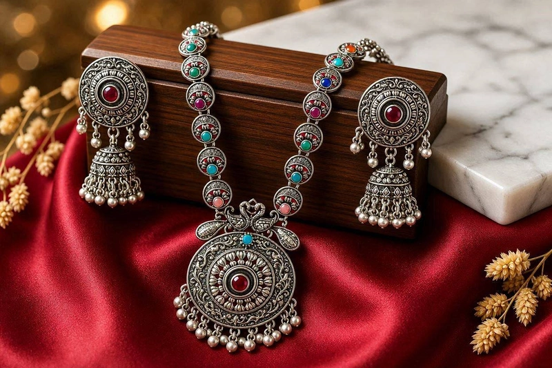 Enchanted Peacock Medallion Oxidized Silver Necklace & Jhumka Set