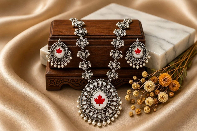 Autumn Leaf Circular Medallion Oxidized Silver Necklace & Stud Earrings Set